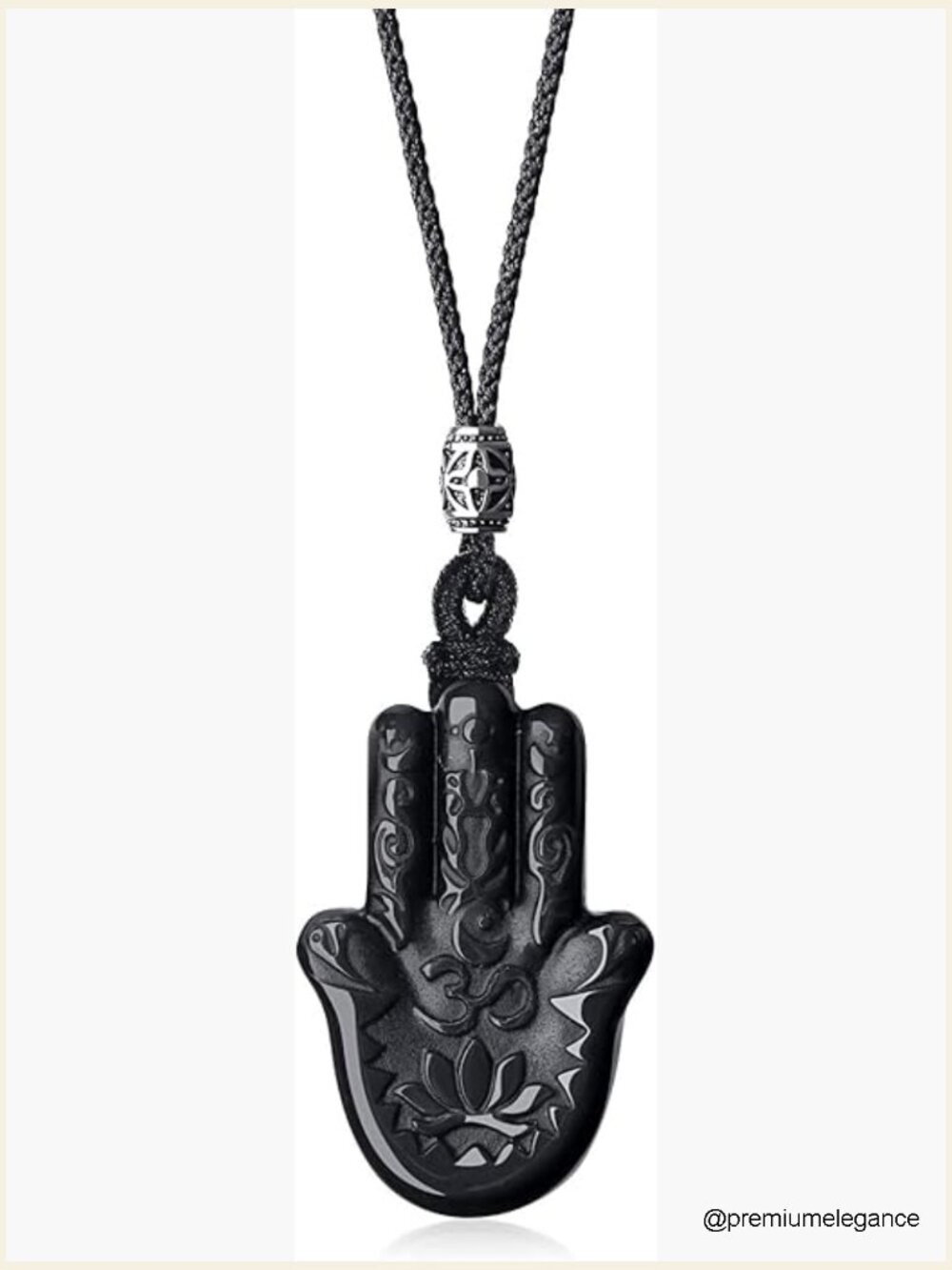 Black Obsidian Hamsa Hand Pendant Necklace - Nylon Cord Unisex